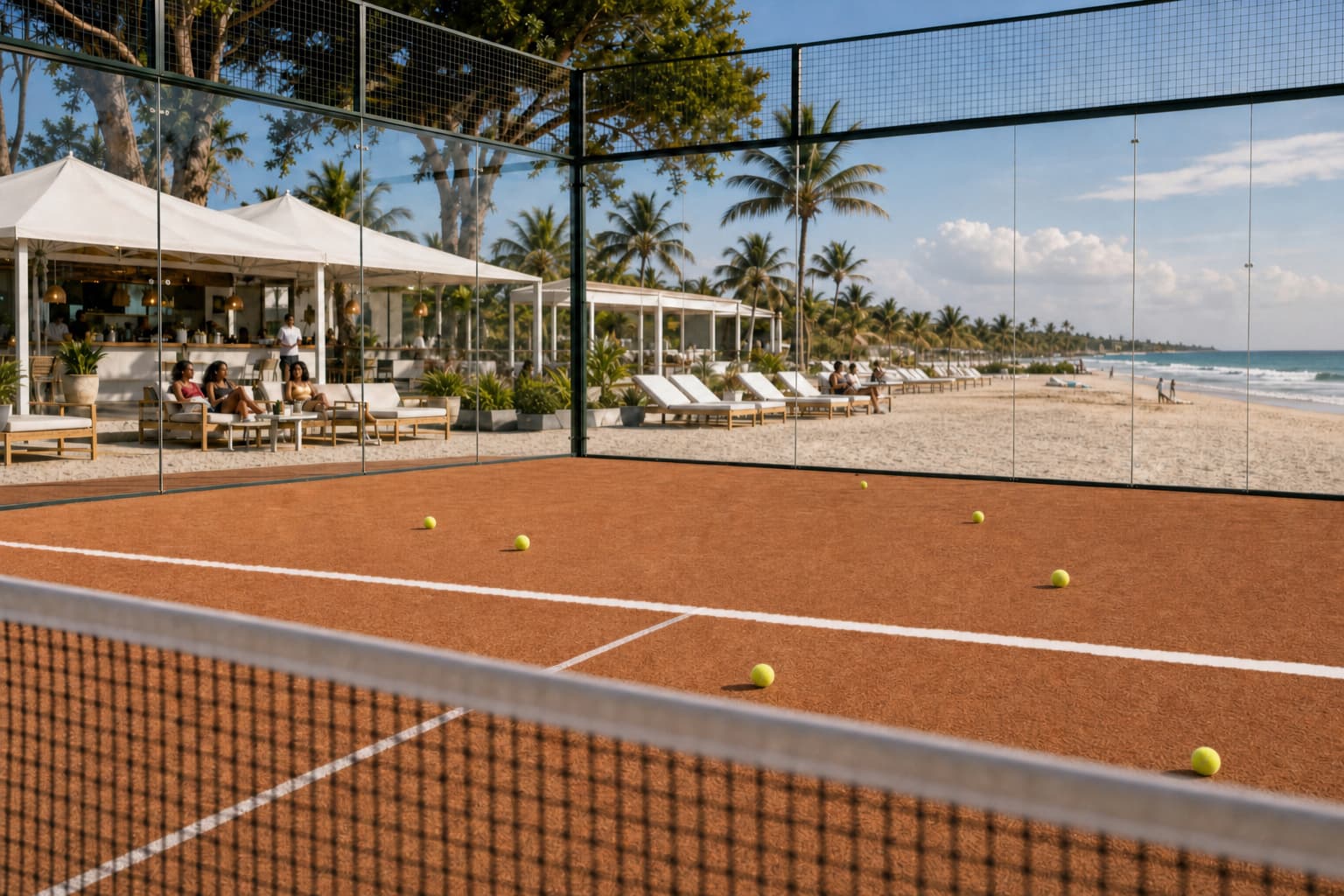An empty padel court at Smash Social Club, beach and ocean beyond